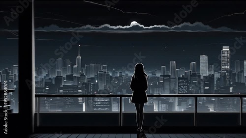 Silhouette anime girl looking at city skyline under moonlight, calm night urban scene