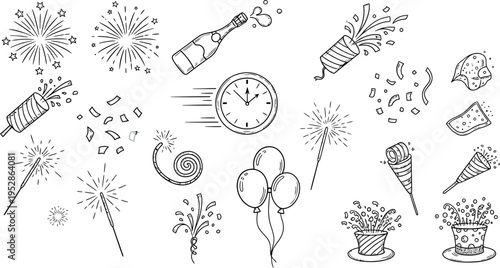 A festive collection of various New Year's Eve celebration elements, including fireworks, champagne, party poppers, sparklers, balloons, and a clock striking midnight, all as outline drawings.