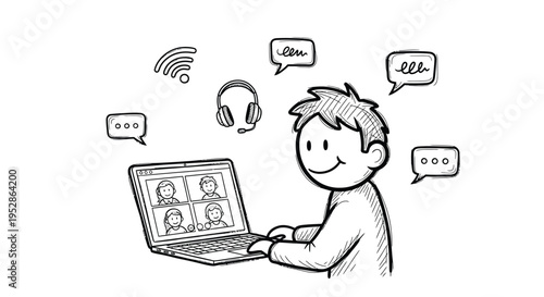 A cheerful person happily engaged in a video call on a laptop, surrounded by speech bubbles, Wi-Fi symbols, and a headset icon, signifying remote communication and connection.