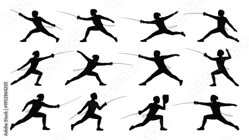 Fencer silhouettes in various fighting poses with swords on white background dynamic movements and actions