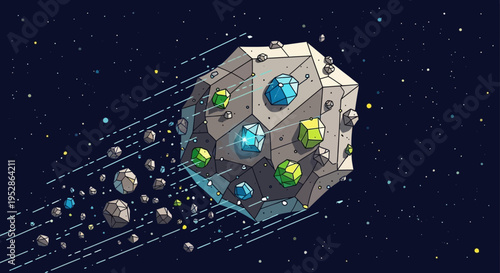 Asteroid with colorful minerals fragmenting space.