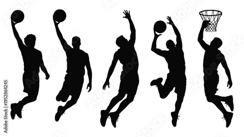 Five black silhouette basketball players jumping to dunk ball into hoop on white background