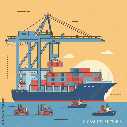 Container Ship Loading at Industrial Port with Crane and Tugboats.