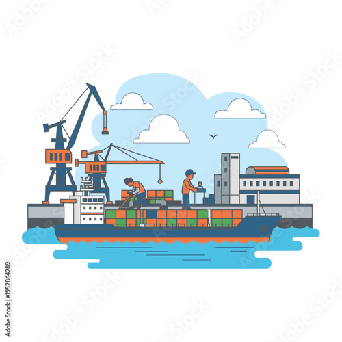 Container Ship Loading and Unloading at Port.