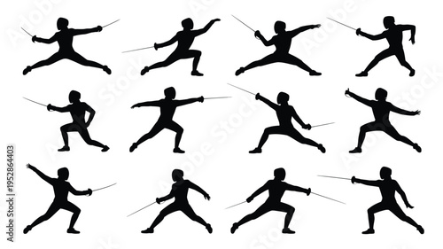 Fencer silhouettes in dynamic poses with swords showcasing various movements and techniques on white background