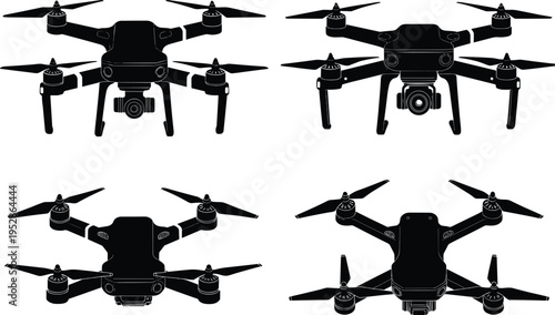 Quadcopter drone silhouette illustration, aerial photography equipment, four propeller design, camera mounted drones, modern technology, unmanned aerial vehicle, flying device vector art