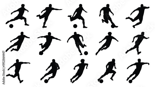 Collection of black silhouettes of soccer players in various dynamic poses with balls on white background for sports design