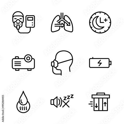Collection of Medical and Health Icons Representing Sleep Apnea Treatment.