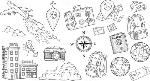 A comprehensive set of hand-drawn travel and vacation essentials, featuring airplanes, maps, luggage, passports, and hotel buildings, perfect for tourism and adventure themes.