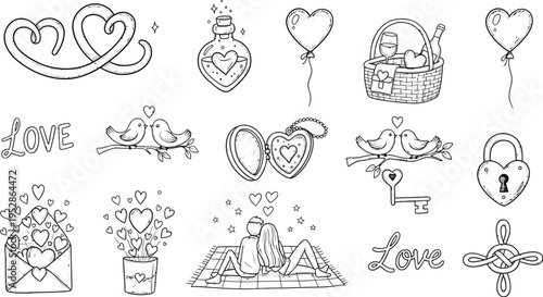 A delightful collection of hand-drawn love and Valentine's Day illustrations, featuring intertwined hearts, love potion bottles, romantic birds, and love letters, perfect for expressing affection.