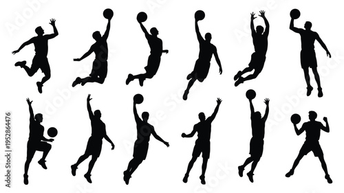 Collection of black silhouette illustrations of men playing basketball in various dynamic poses