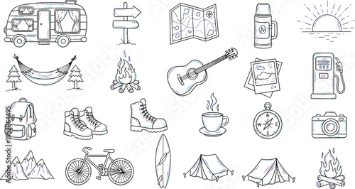 A comprehensive set of hand-drawn camping and outdoor adventure essentials, featuring campers, campfires, tents, maps, and hiking gear, ideal for wilderness and travel themes.