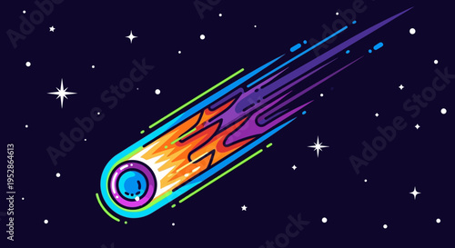 Colorful Meteorite in Space Flying.