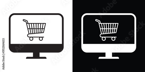 Shopping cart symbol displayed on a computer screen. Modern vector icon representing e-commerce, online retail, digital marketplace, consumerism, and web-based shopping stores.
