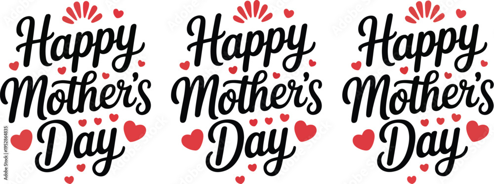 Fototapeta premium Happy Mother’s Day pattern, seamless repeating design, black brush lettering, red hearts, shell accents, decorative curved text, modern greeting design