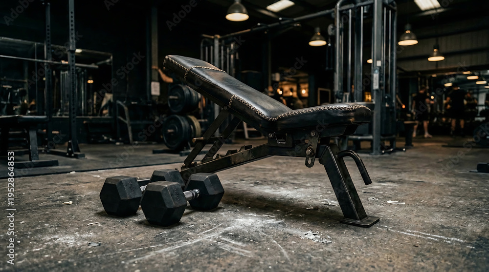 Fototapeta premium Dark leather exercise bench and heavy metal dumbbells in industrial gym