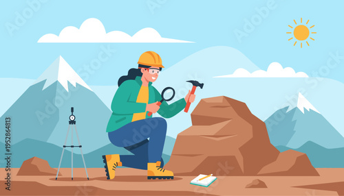 Geologist Examining Rock Formation with Magnifying Glass and Hammer.