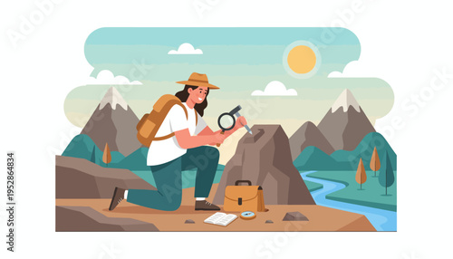 Adventurer Examining Geological Sample in Mountain Landscape.