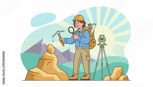 Geologist Character with Tools and Survey Equipment in a Rocky Landscape.