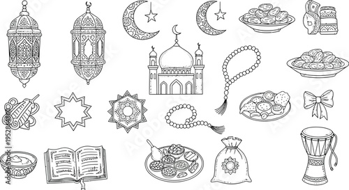 A detailed collection of hand-drawn line art illustrations showcasing various Islamic and Ramadan celebration elements, including lanterns, mosque, crescent moon, prayer beads, and traditional food.