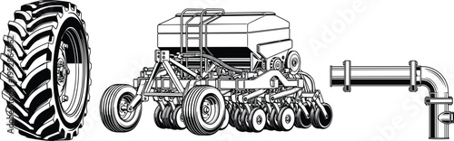 Black and white vector illustration of tractor tire, agricultural seed drill planter machinery, industrial piping system with valve, farming equipment, mechanical engineering design