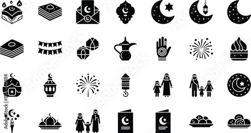 A comprehensive collection of black silhouette icons representing various Islamic and Ramadan celebration elements, including lanterns, mosque, crescent moon, family, and traditional food.