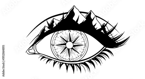 Stylized black and white graphic design featuring an open human eye with a detailed navigational compass rose replacing the iris and sharp mountain peaks above.