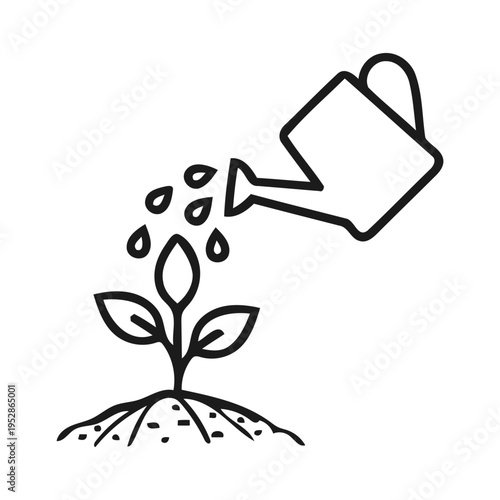 Watering can pouring droplets on young sprout in soil representing reforestation efforts and botanical care vector graphic