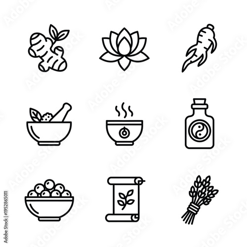 Collection of Traditional Herbal Medicine and Wellness Icons.