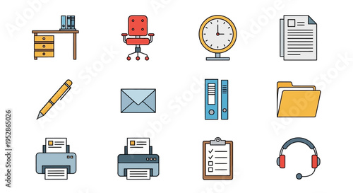 Office supplies and stationery icons set.