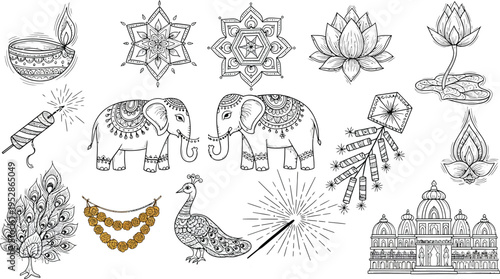 A beautiful collection of hand-drawn line art illustrations celebrating the Indian festival of Diwali, featuring traditional lamps, intricate mandalas, lotus flowers, and decorative elephants.