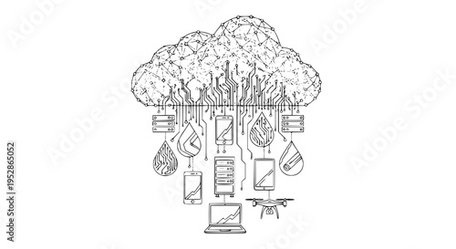 Cloud computing concept illustration showing a complex network connecting various electronic devices like smartphones, laptops, tablets, and servers in a digital infrastructure for data exchange.