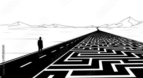 A solitary person stands observing a challenging path ahead, where a straight road transforms into an intricate maze, symbolizing life's complex decisions and future uncertainties on a journey.