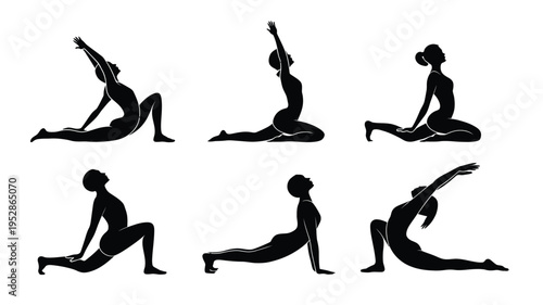 Black silhouettes of woman doing various yoga poses on white background for fitness and wellness concepts
