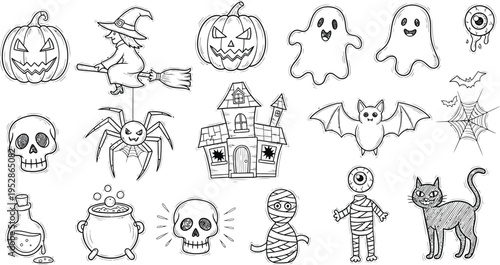 A spooky collection of hand-drawn line art illustrations depicting various Halloween characters and symbols, including jack-o'-lanterns, a witch, ghosts, bats, and a haunted house.