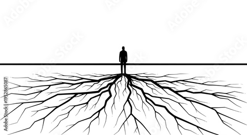 Simplified illustration of a person's silhouette standing above an intricate network of roots spreading across a clean white background, representing foundational principles, expansive influence, 