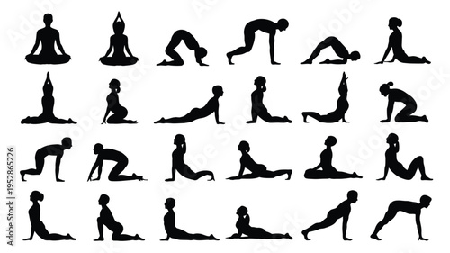 Collection of black silhouette yoga poses on white background for fitness and wellness concepts