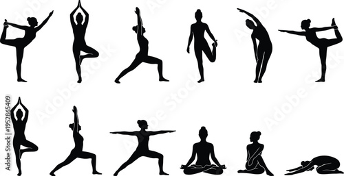 Set of Woman Yoga Pose Silhouettes Showing Balance Stretching Warrior Tree and Meditation Exercises for Fitness Wellness Flexibility
