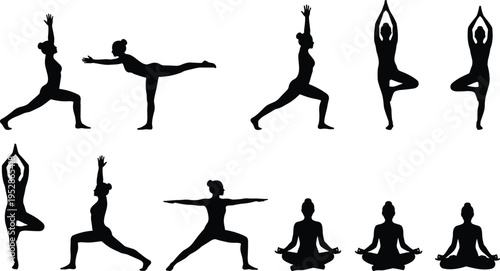 Collection of Woman Yoga Pose Silhouettes Showing Tree Pose Warrior Balance Meditation and Stretching Exercises for Fitness Wellness Flexibility
