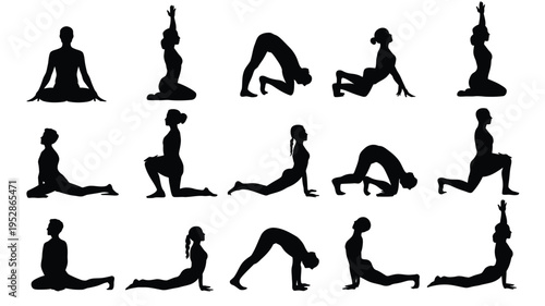 Collection of black silhouette yoga poses on white background for fitness and wellness concepts