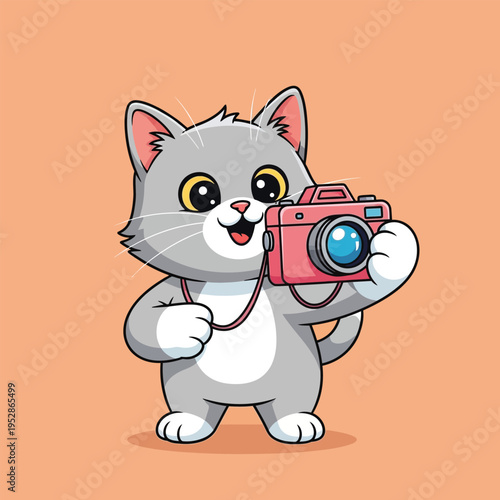 Cute cartoon cat holding a pink camera ready to take a photo.