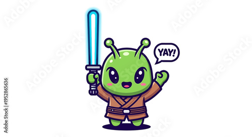 Green Alien Cartoon Character Holding Lightsaber.