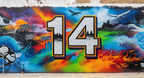 Vibrant street art mural with large number fourteen on brick wall