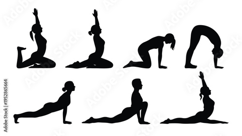 Seven yoga poses in black silhouette on white background for fitness and wellness concepts