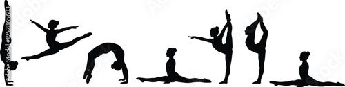 Woman Gymnastics and Yoga Pose Silhouettes Showing Handstand Split Jump Backbend and Flexibility Exercises for Fitness Training