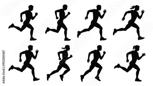 Collection of running silhouettes in various dynamic poses for fitness and sports concepts on white background