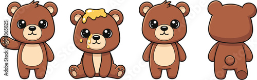 Cute teddy bear character set with different poses and honey detail, adorable cartoon animal vector illustration collection