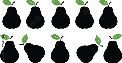 Collection of black pear fruit silhouettes with green leaves isolated on white background for organic food icons, healthy eating concepts, and grocery branding.
