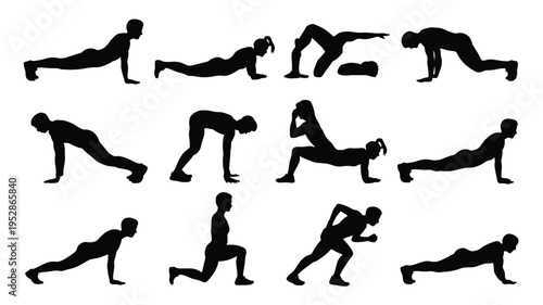 Collection of black silhouettes of people doing various yoga and fitness exercises on white background