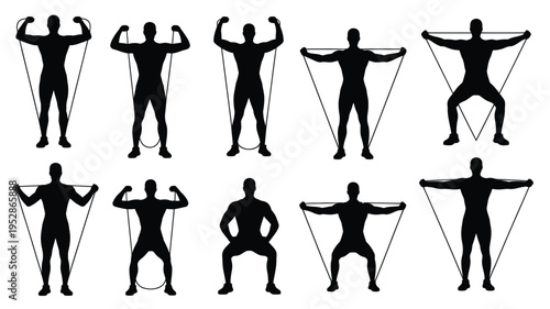 Black silhouettes of people exercising with resistance bands in various poses on white background for fitness and workout concepts